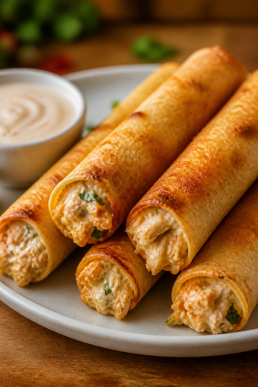 Close-up of baked chicken taquitos on a plate