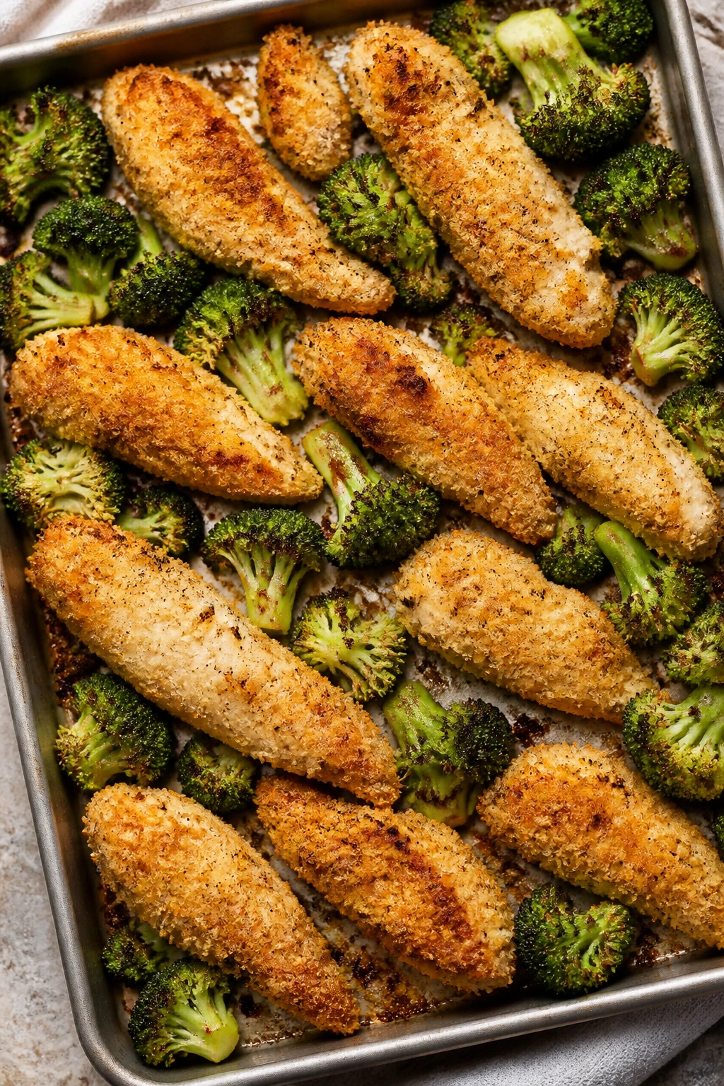 Sheet pan with crispy chicken tenders and broccoli on a kitchen counter