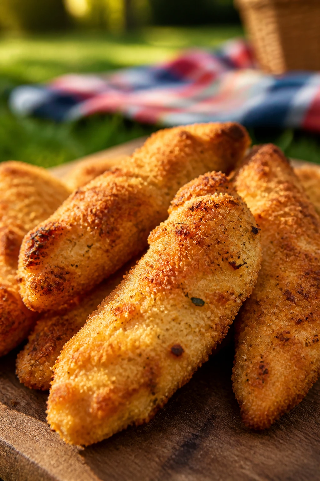 Close-up of golden baked chicken tenders with crispy crumb coating on a wooden board outdoors