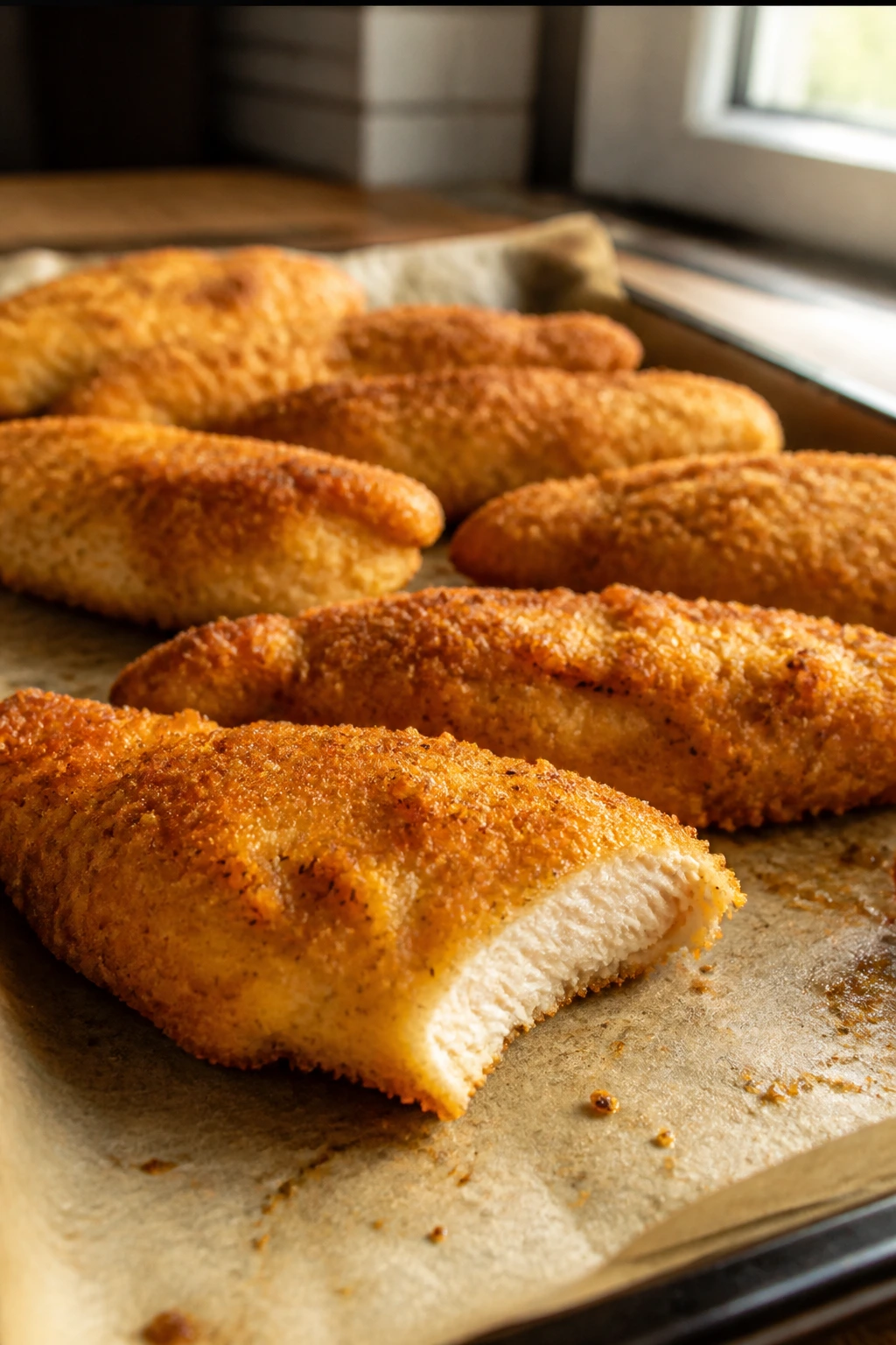 Close-up of crispy baked chicken tenders on a parchment-lined sheet pan