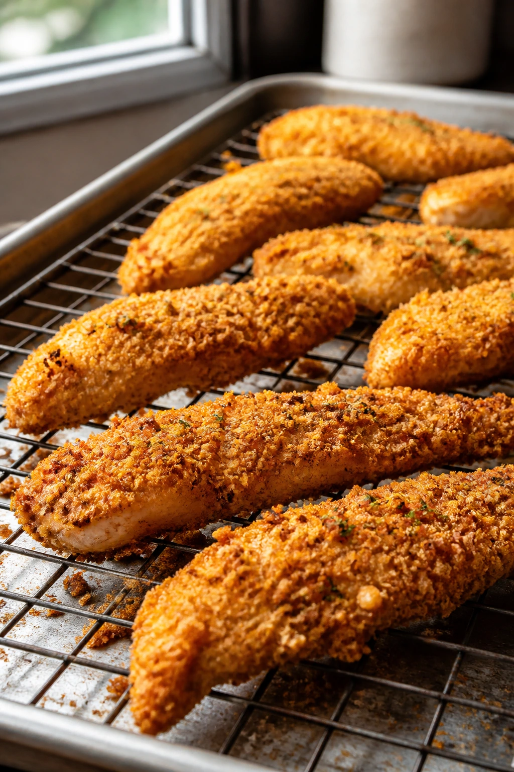 Close-up of crispy baked chicken tenders with parmesan crust on a wire rack in a home kitchen