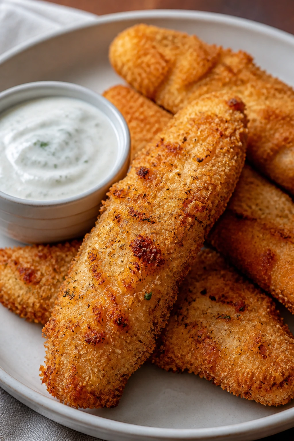 Close-up of crispy baked chicken tenders with yogurt ranch dip on a warm kitchen counter