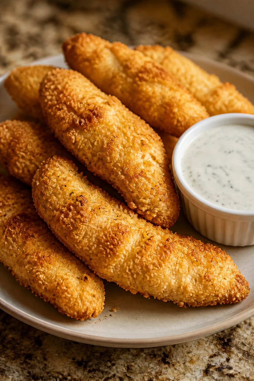 Golden baked chicken tenders with yogurt ranch dip