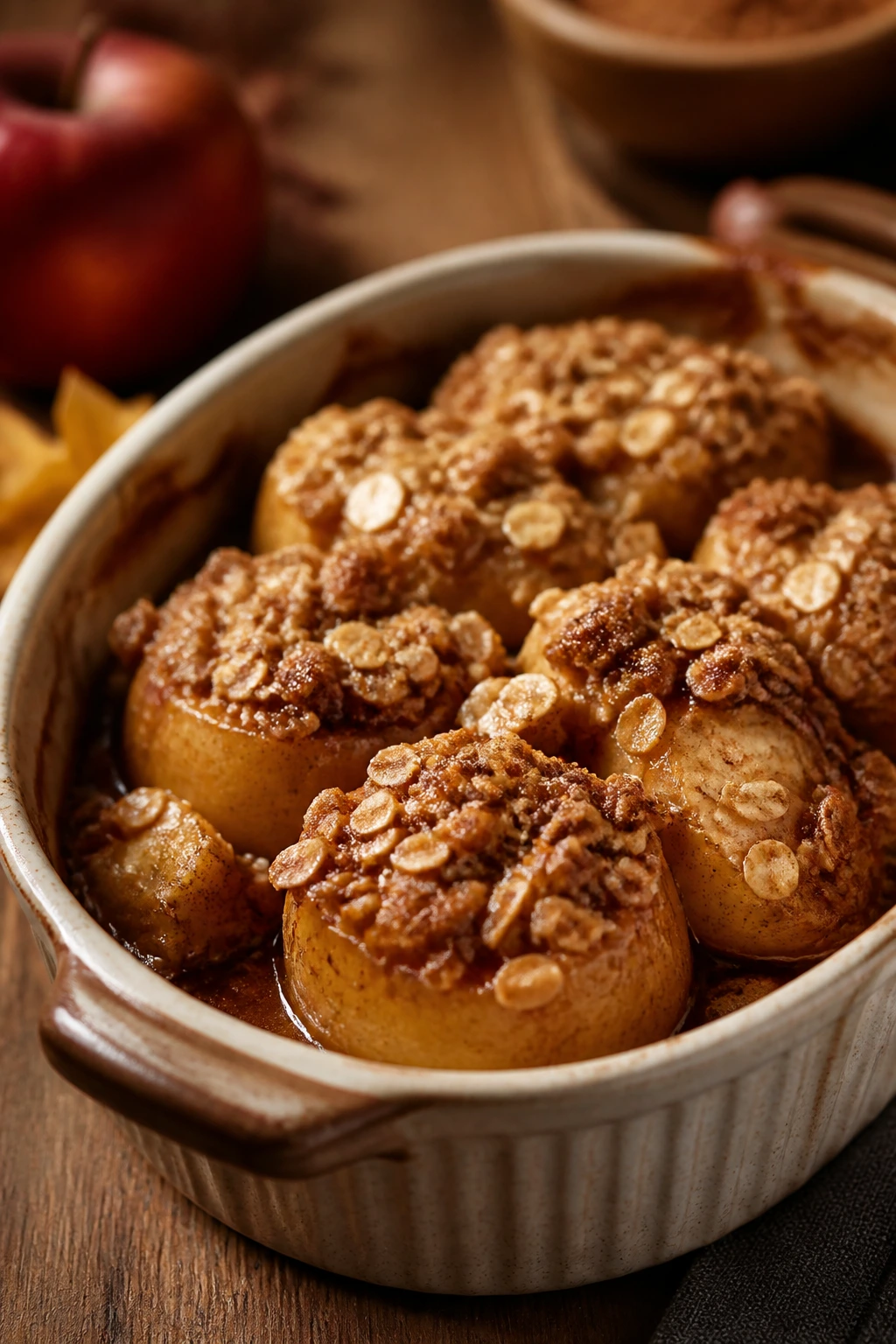Close-up of baked cinnamon apples with oat streusel in a baking dish.