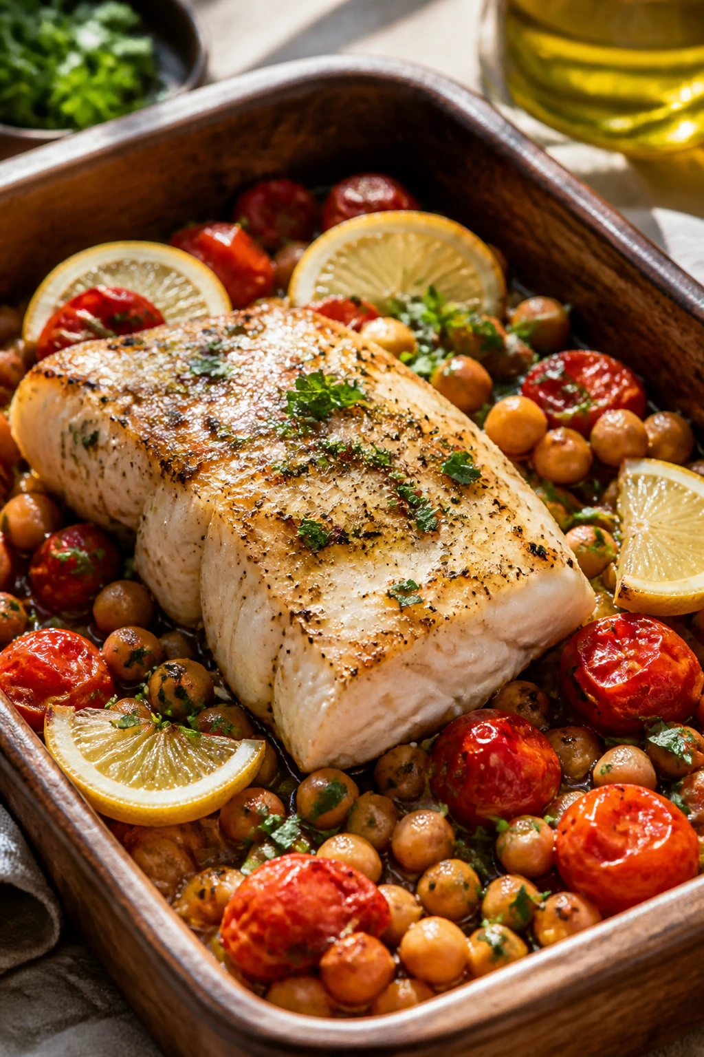 Close-up of baked cod with chickpeas and tomatoes in a rustic dish