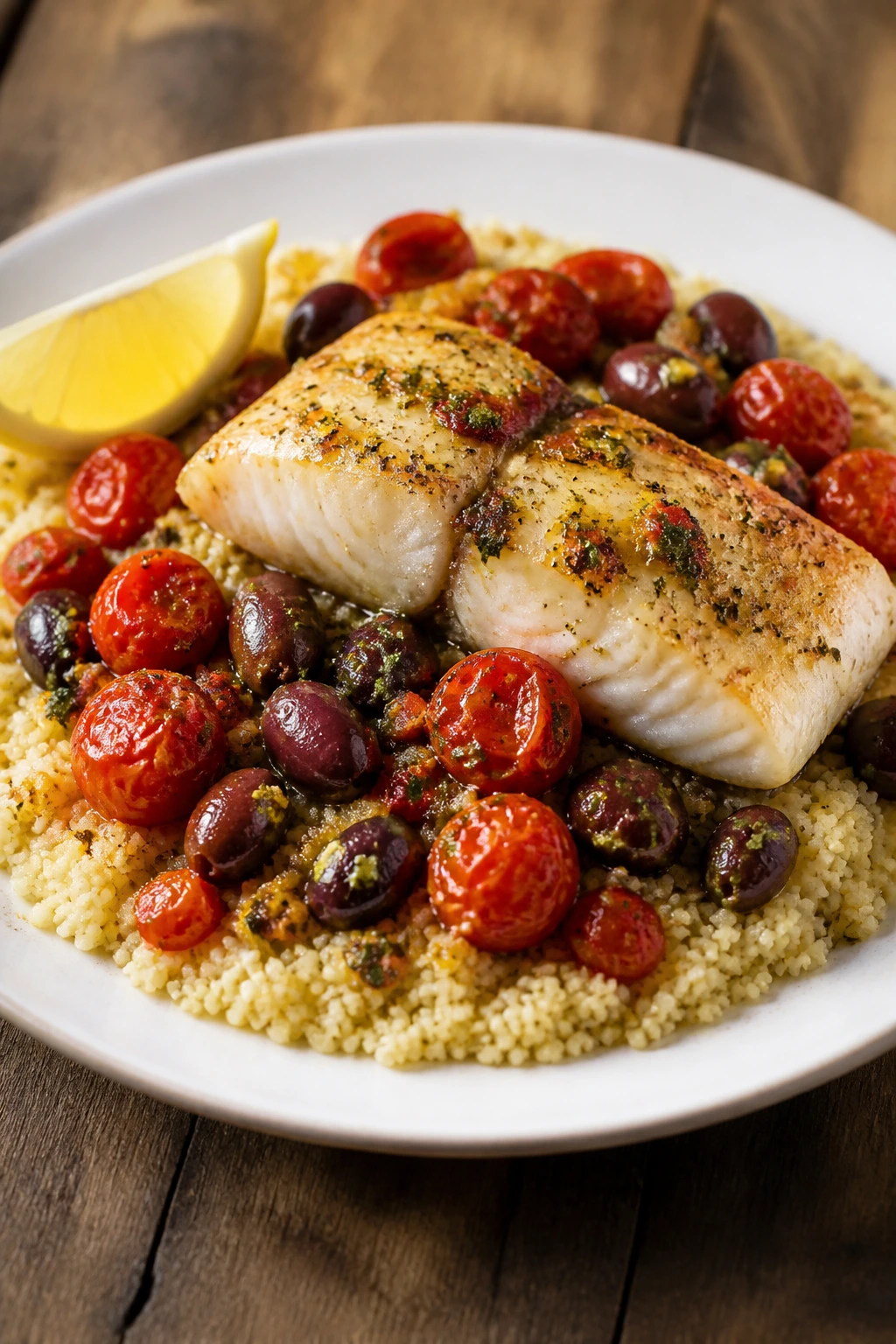 Close-up of baked cod with tomatoes olives and couscous