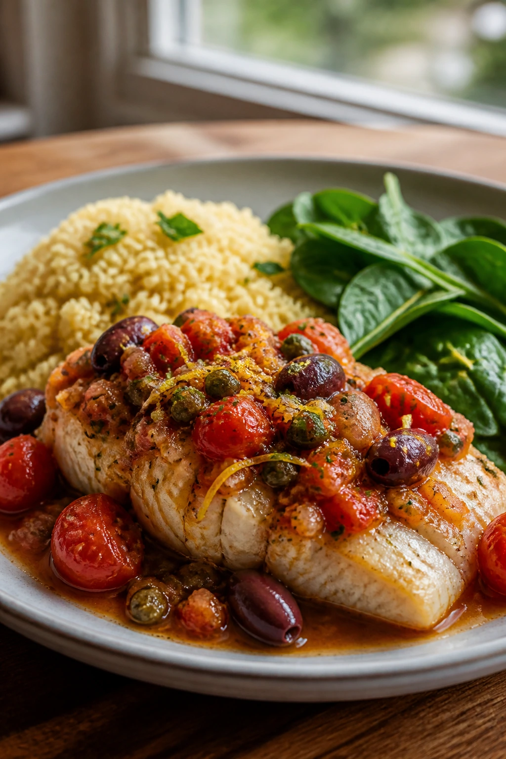 Close-up of baked cod with tomato-olive sauce and couscous on a plate