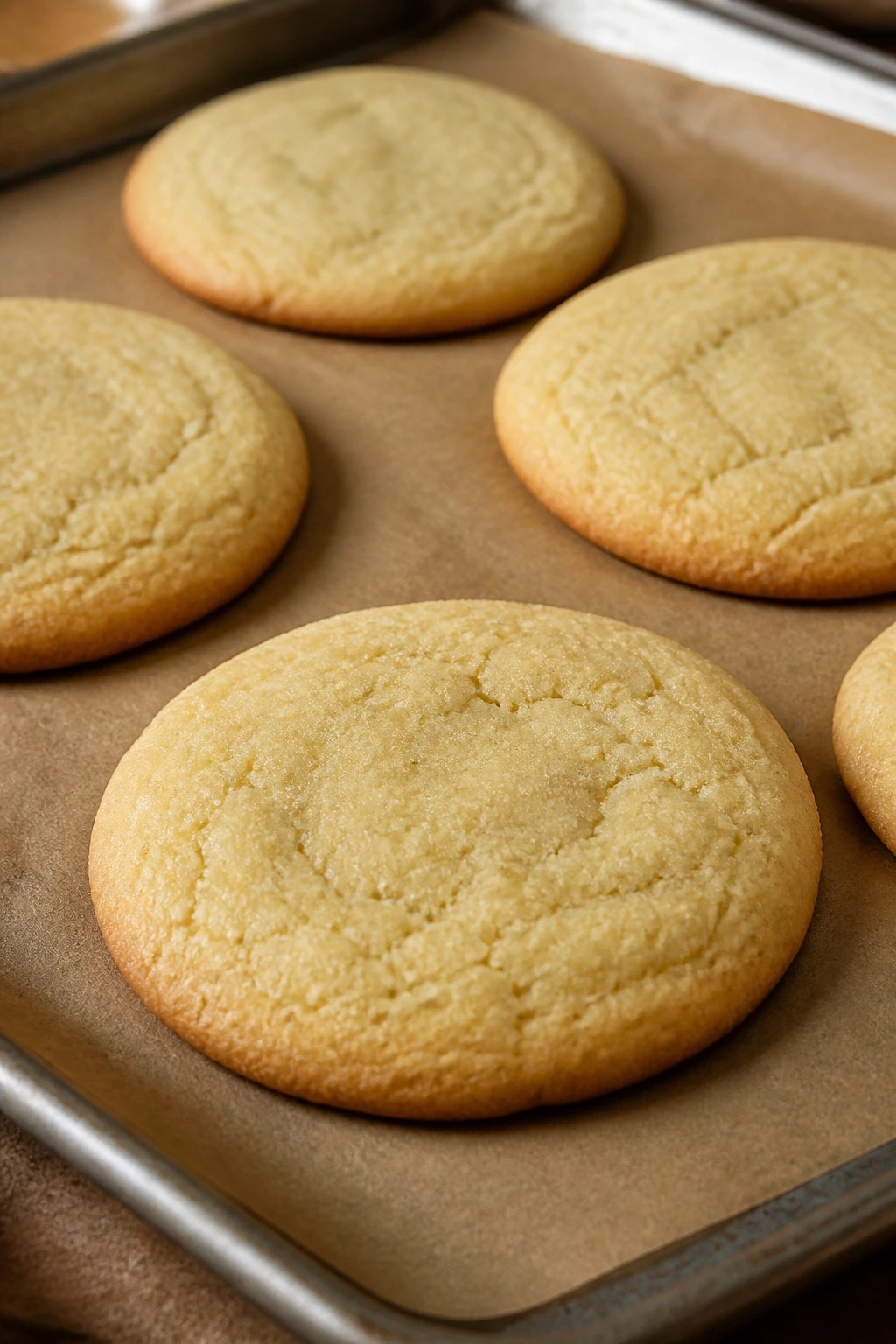 Close-up of pale-edged cookies cooling on a parchment-lined baking sheet.