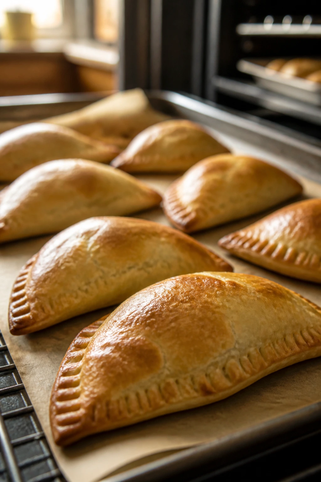 Tray of golden baked empanadas on parchment in a cozy kitchen