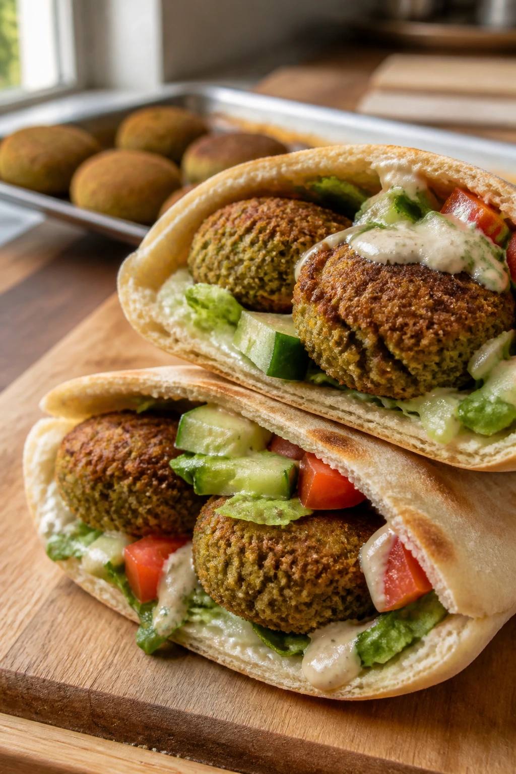 Close-up of a baked falafel pita filled with falafel, lettuce, cucumber, tomato and tahini.