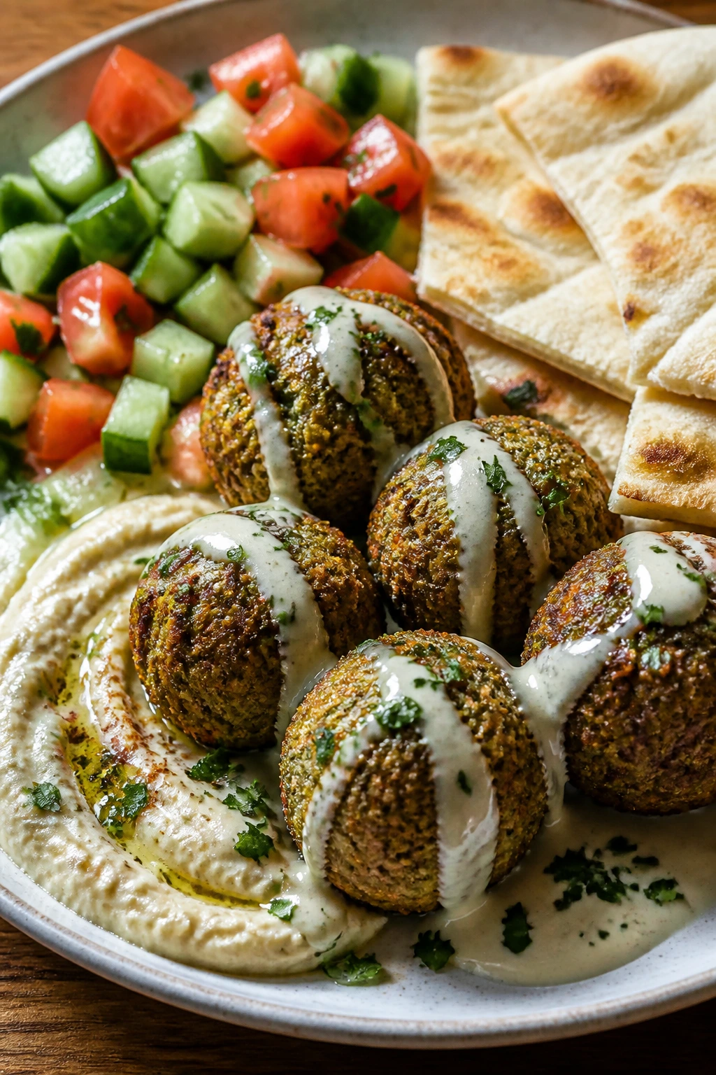 Plate of baked falafel with pita and salad