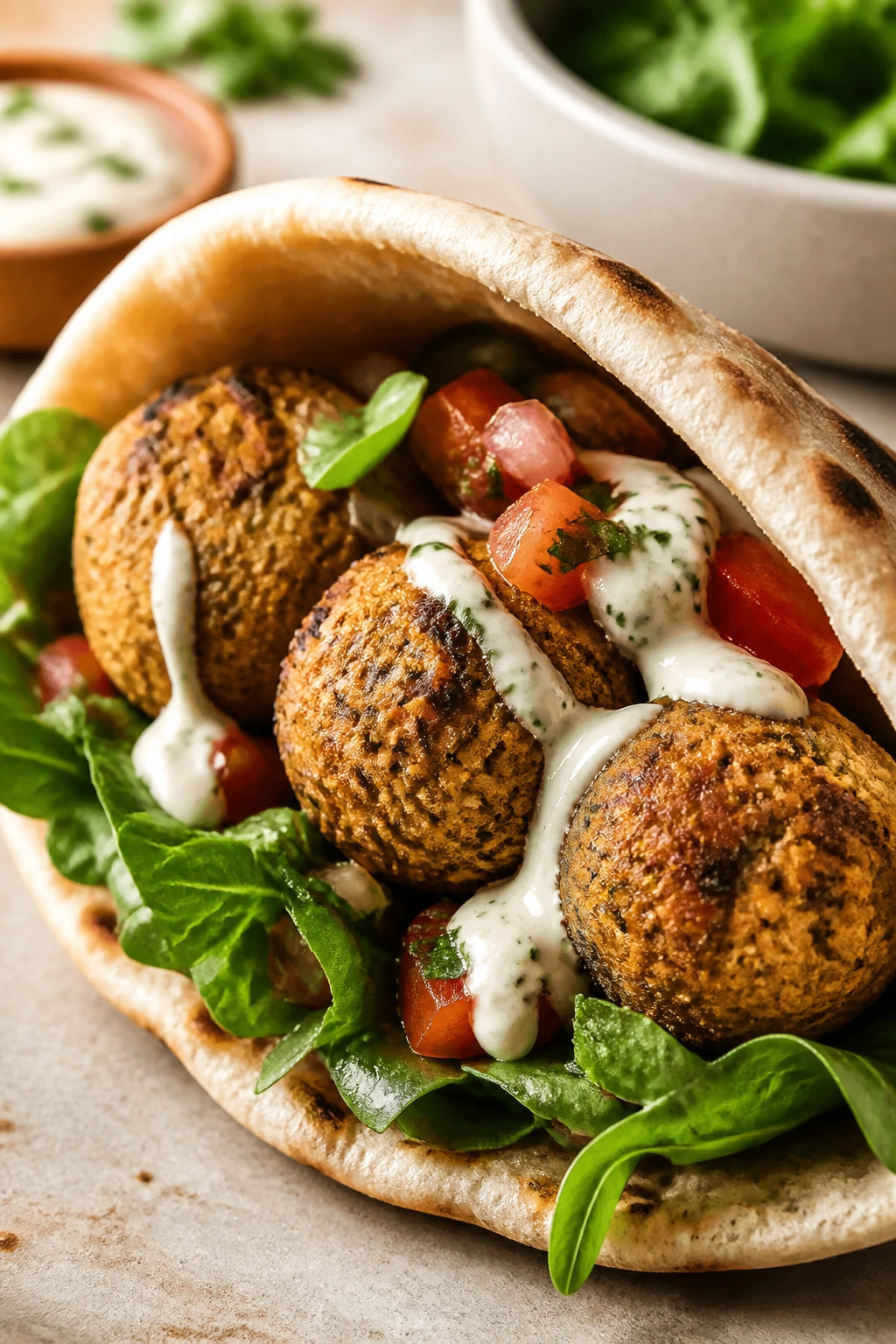 Close-up of baked falafel pita filled with falafel and greens
