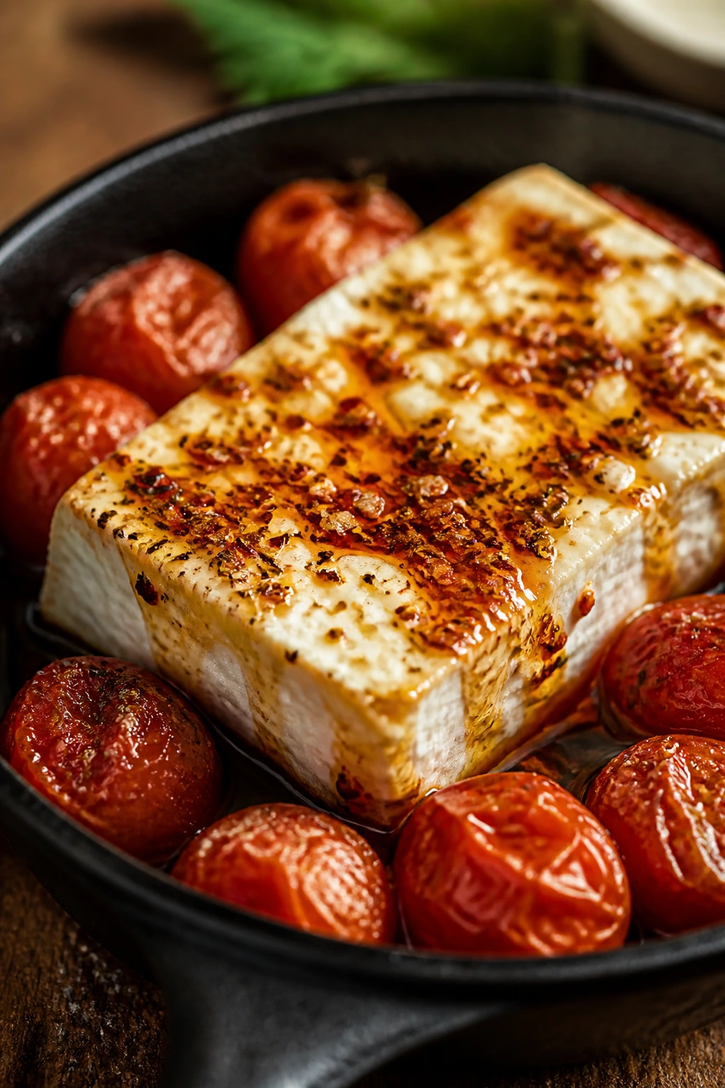 Close-up of a warm feta block with honey and tomatoes