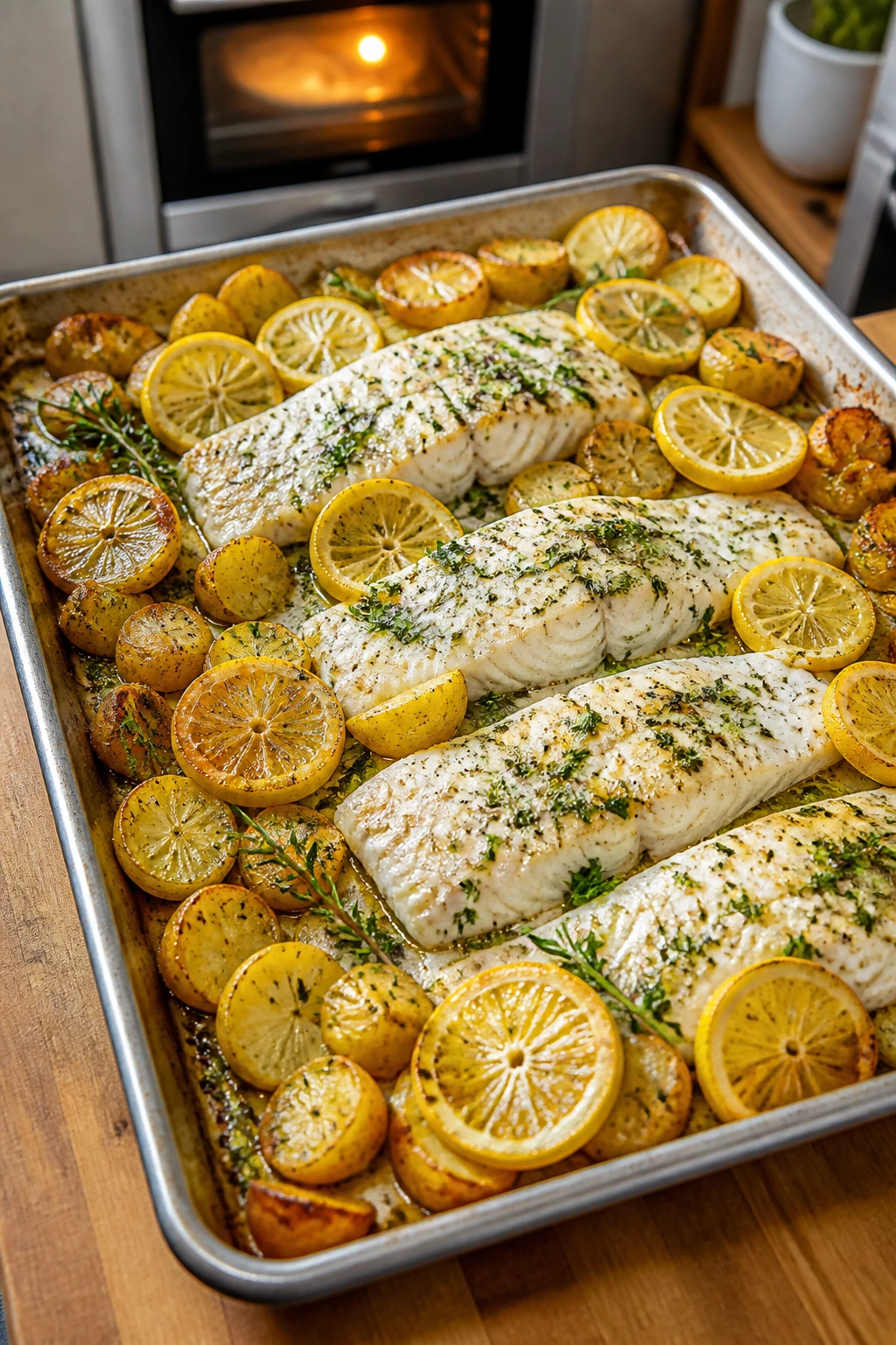 Baked fish and roasted potatoes on a sheet pan in a warm kitchen