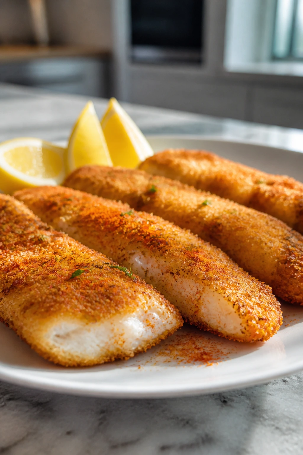 Crispy baked fish sticks on plate with lemon on the side.