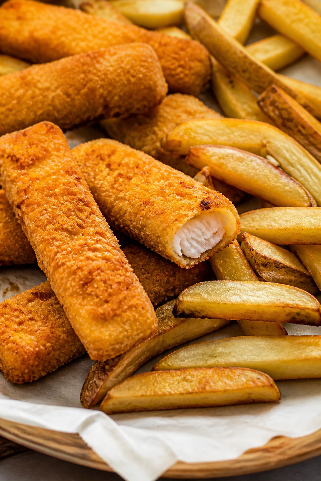 Crispy baked fish sticks with golden fries on a plate