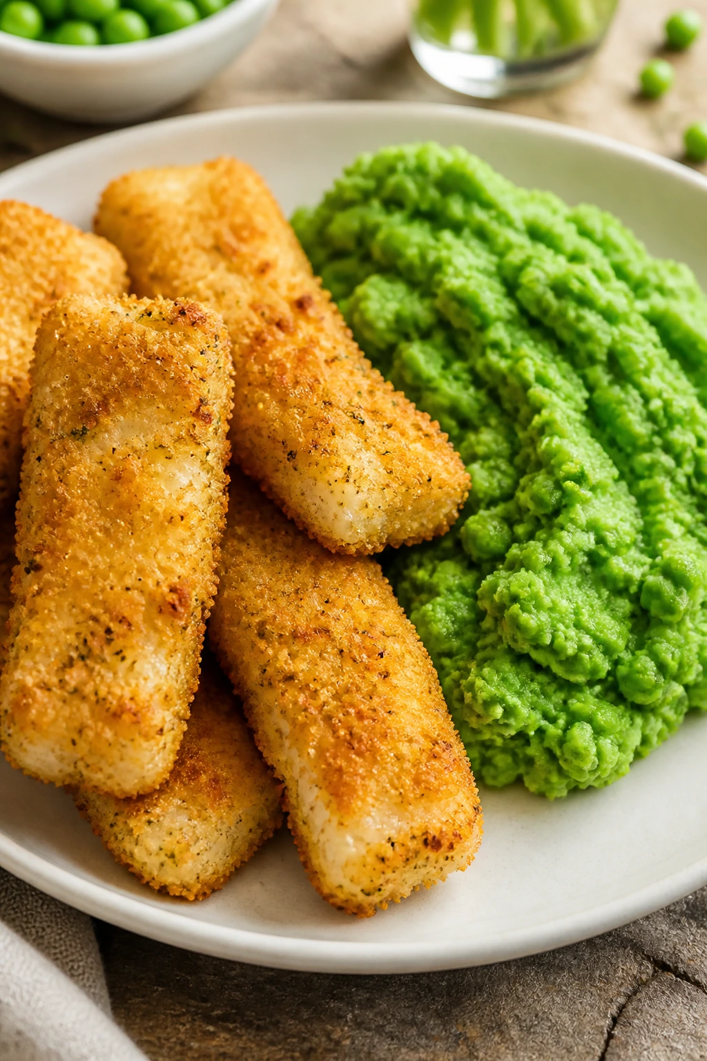 Plate of golden baked fish sticks with bright green pea mash