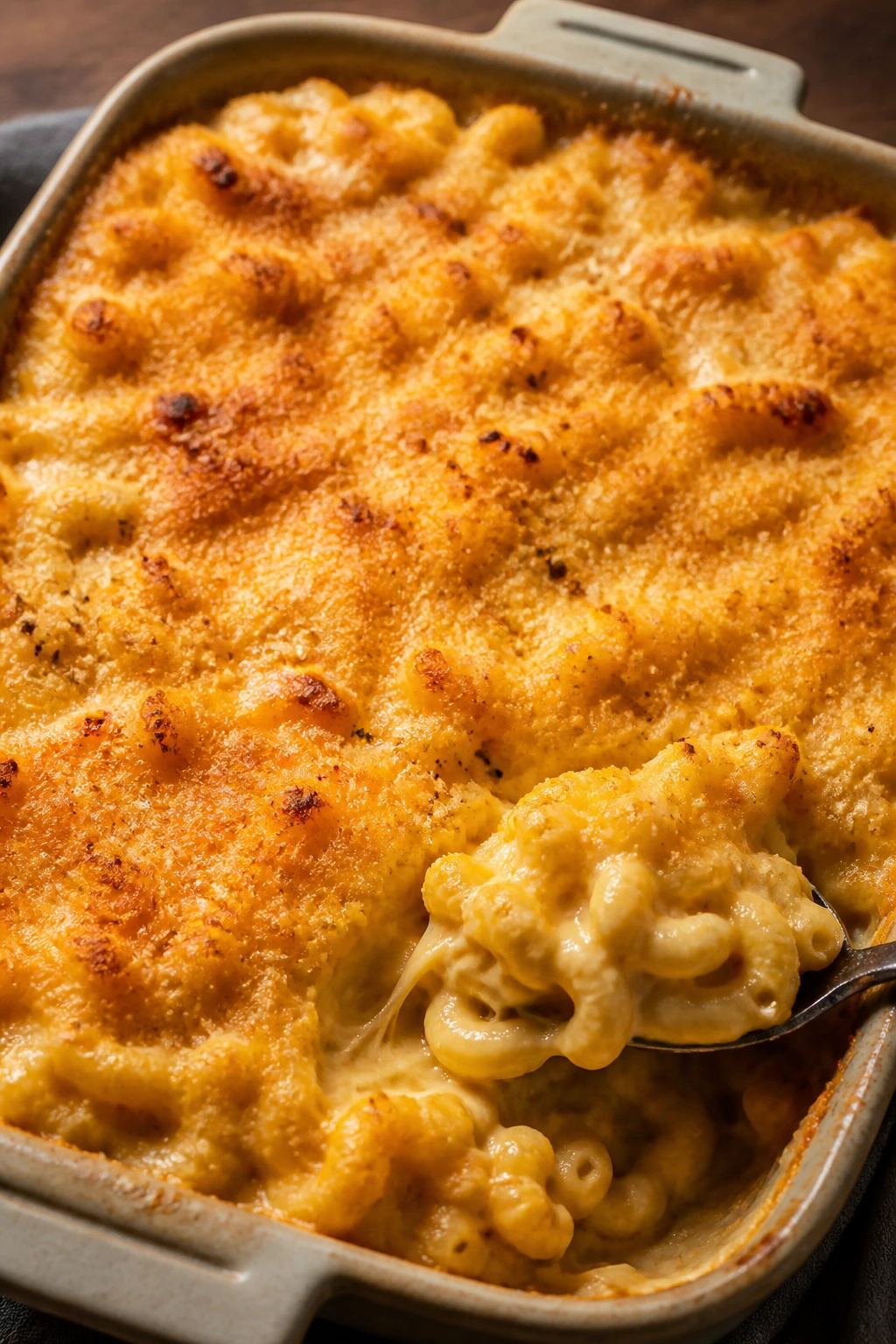 Baked mac and cheese in a baking dish with crisp breadcrumb topping