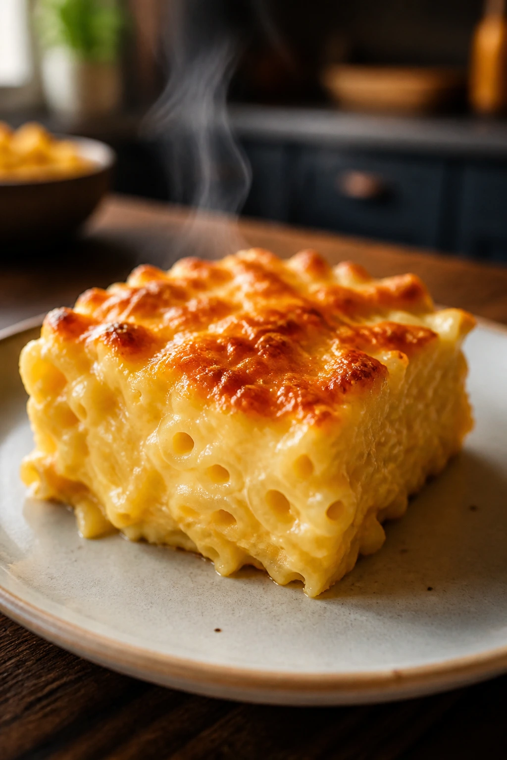 Close-up of baked mac and cheese square with golden crust