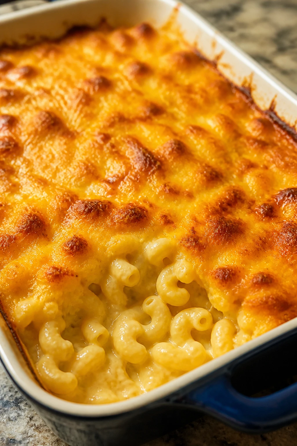 Baked macaroni and cheese with golden crust in a baking dish