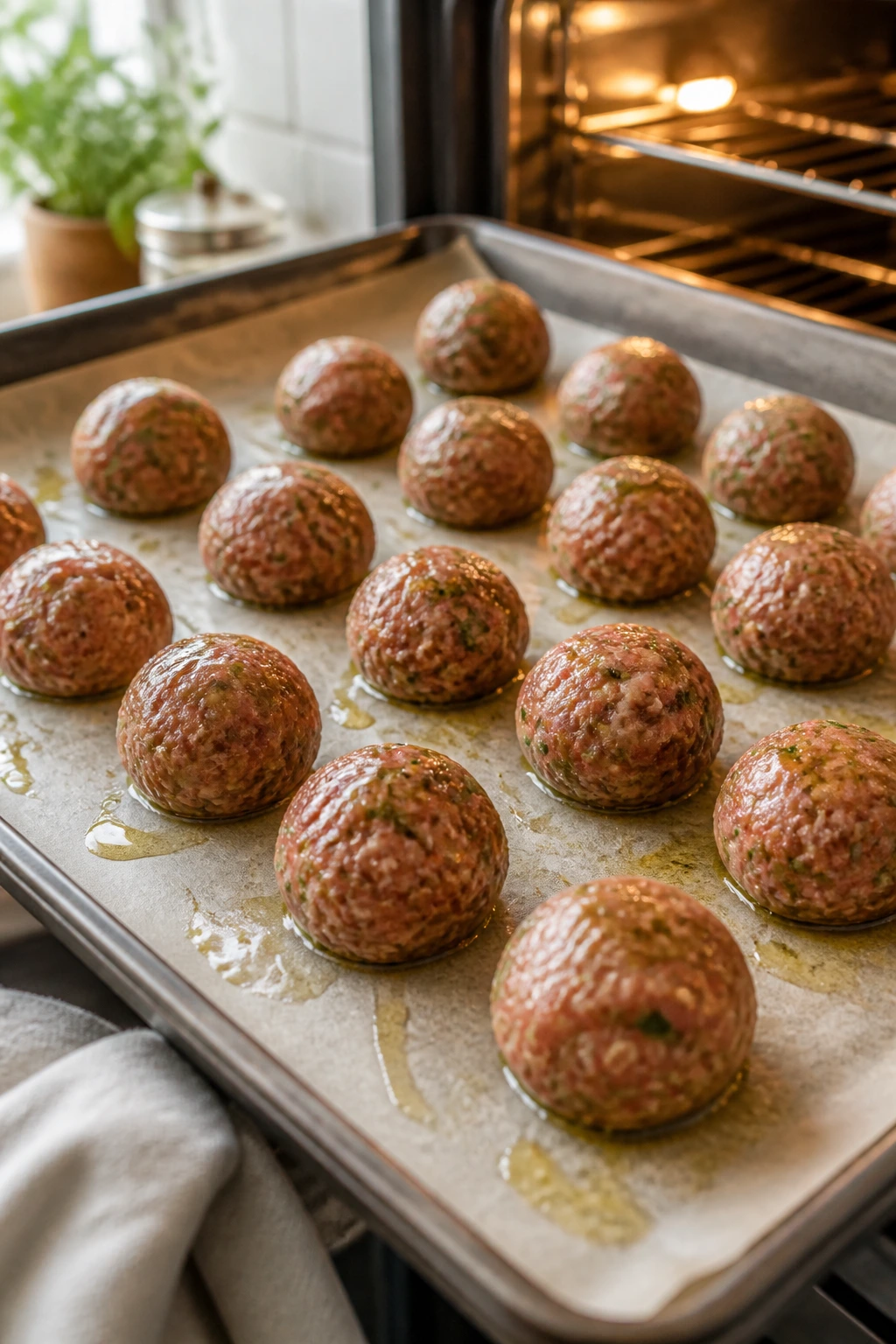 Baked meatballs on parchment-lined sheet pan ready to bake