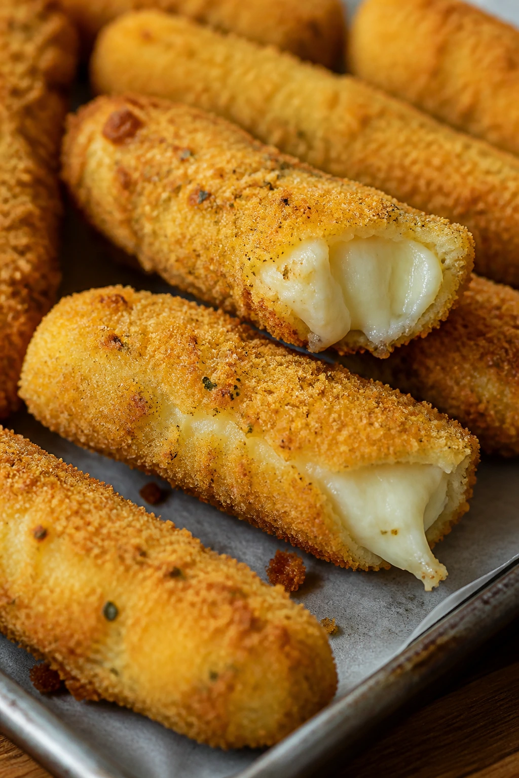 Close-up of baked mozzarella sticks with crispy coating and gooey cheese dominating the frame