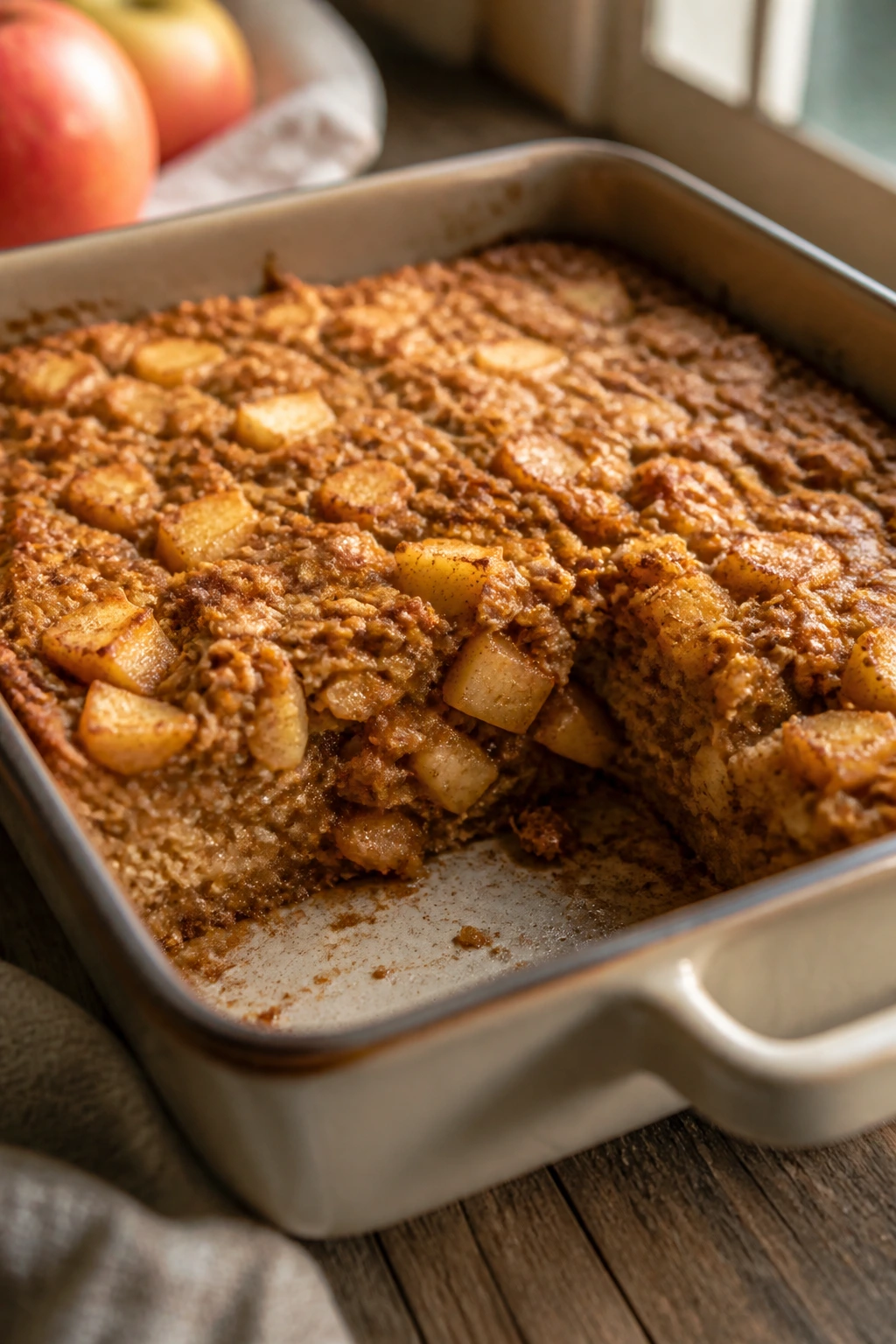 Slice of apple cinnamon baked oatmeal on a wooden table