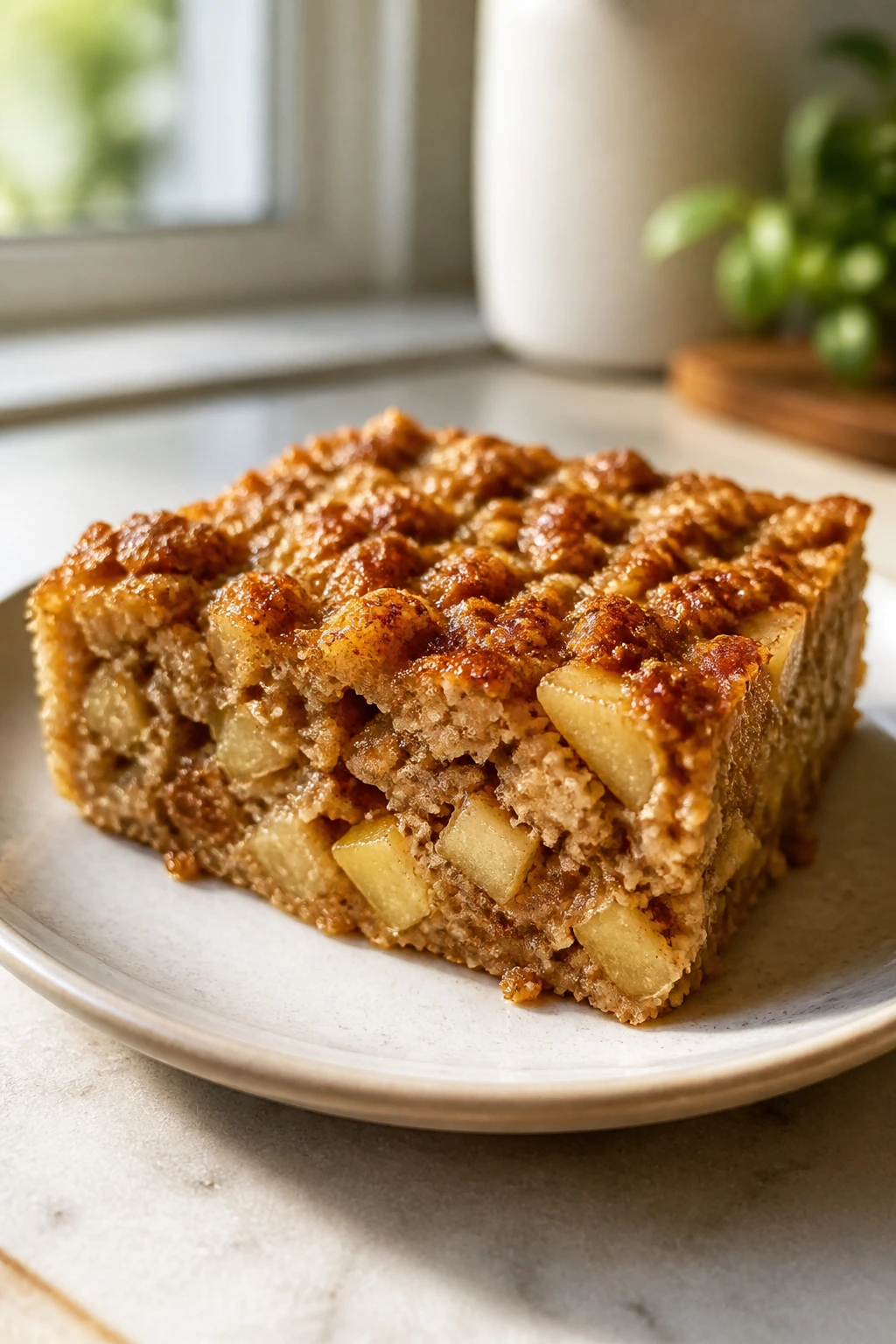 Slice of apple cinnamon oatmeal bake on a plate in a cozy kitchen