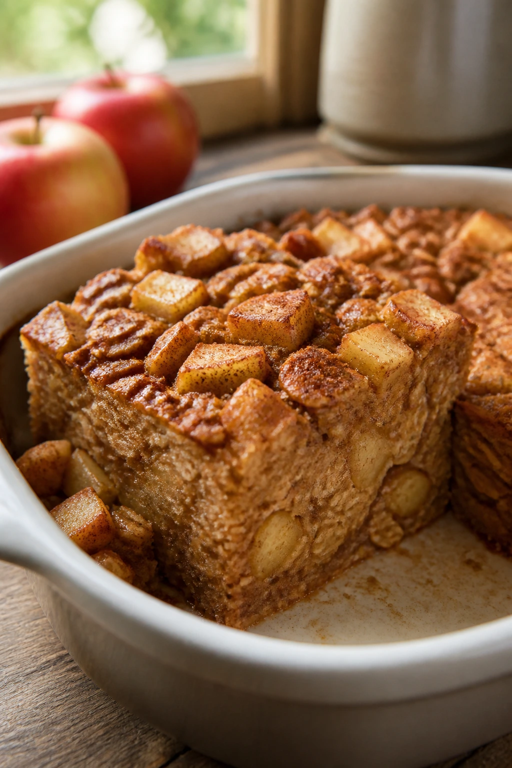 Close-up of cinnamon apple baked oatmeal square on wooden surface