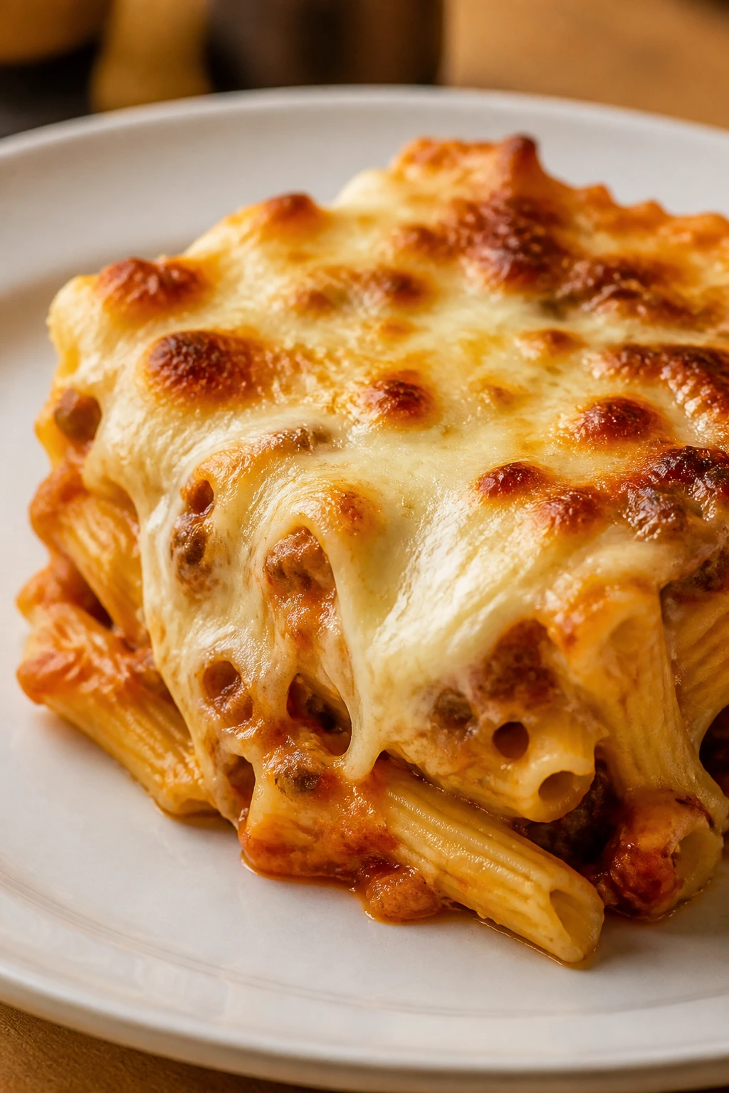 Slice of cheesy baked pasta on plate