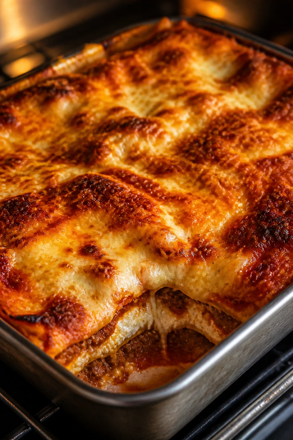 Baking tray of lasagna with browned edges