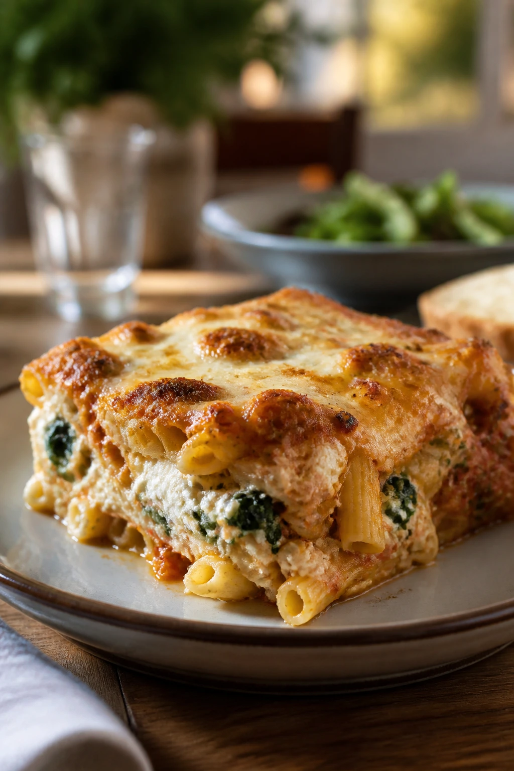 Close-up of plated baked pasta with a golden crust