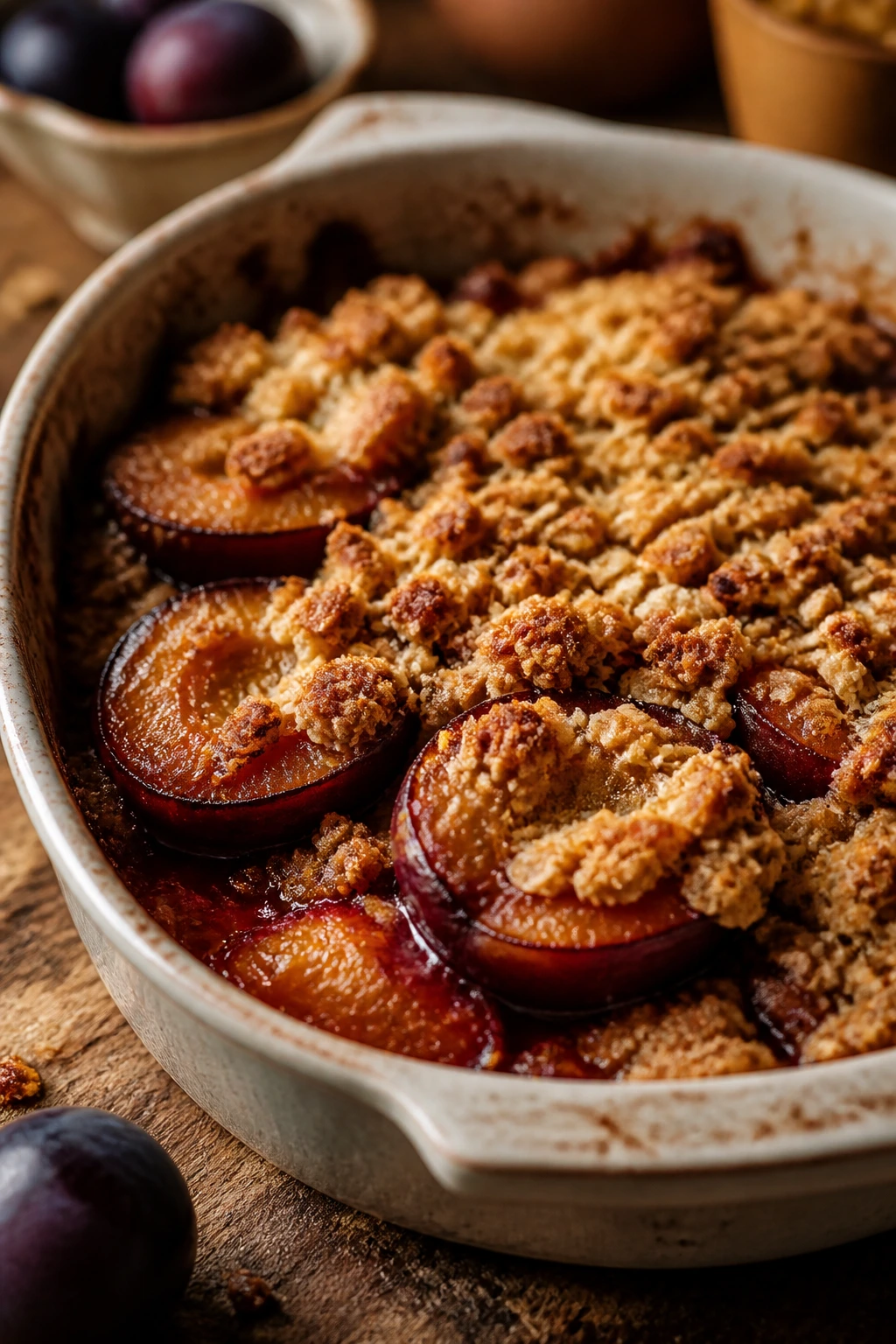 Baked plums with streusel in a baking dish on a rustic counter