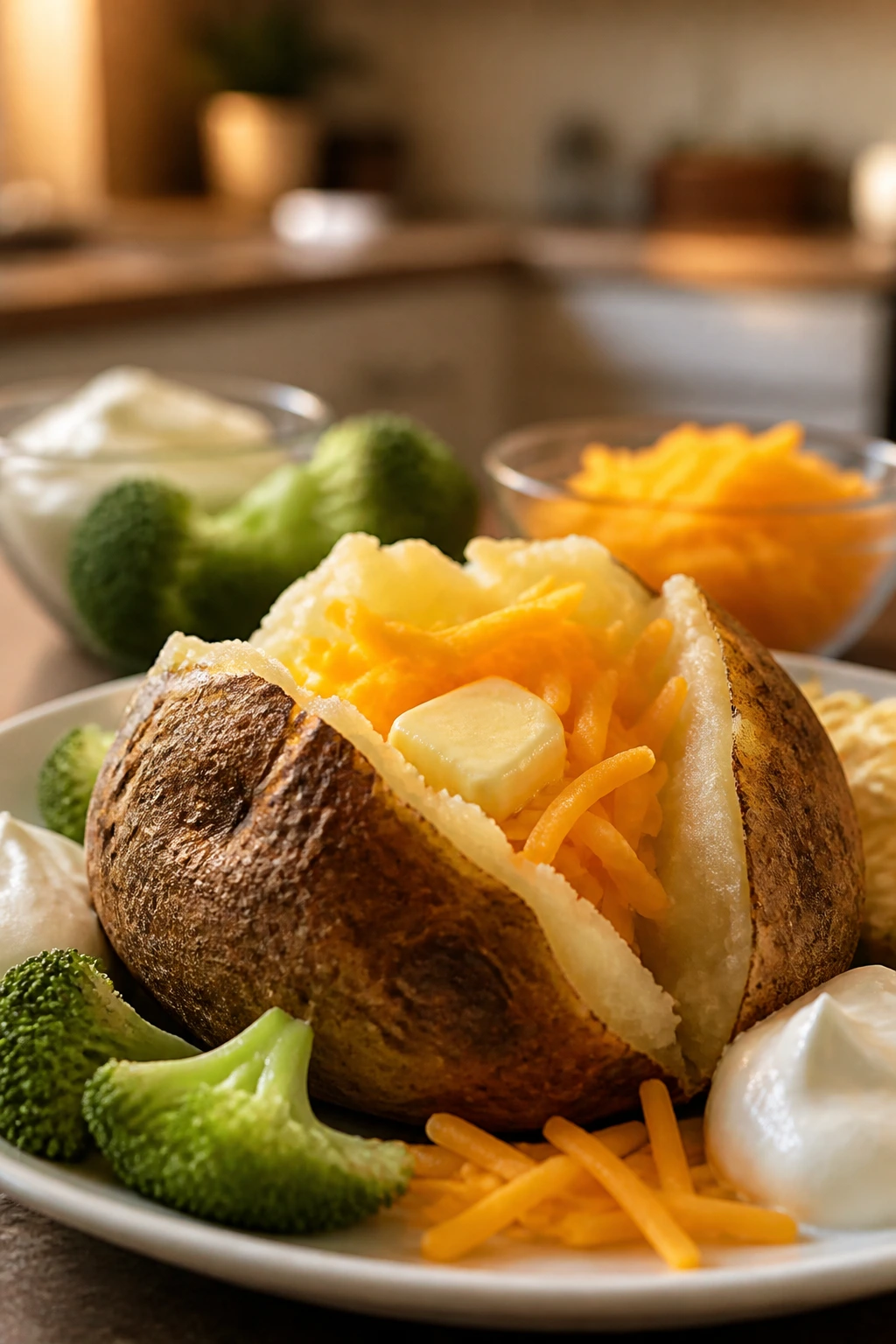 Russet potato with butter, cheddar, and broccoli toppings on a plate