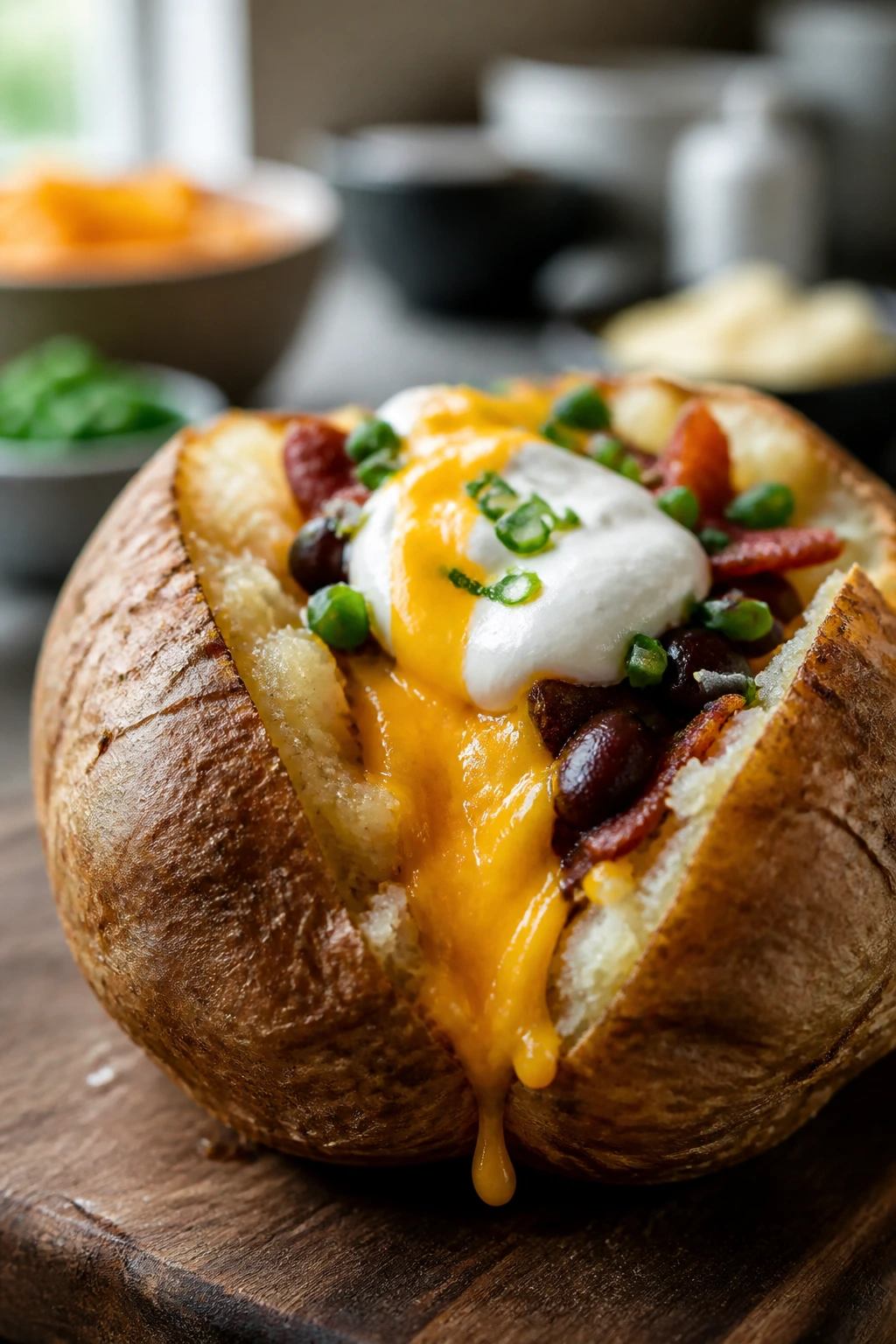 Close-up of fluffy baked potato with cheddar and toppings on a wooden board