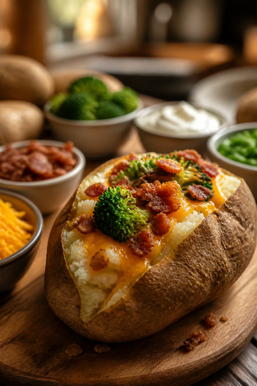 Close-up of fluffy baked russet potato with toppings on a wooden board in a kitchen