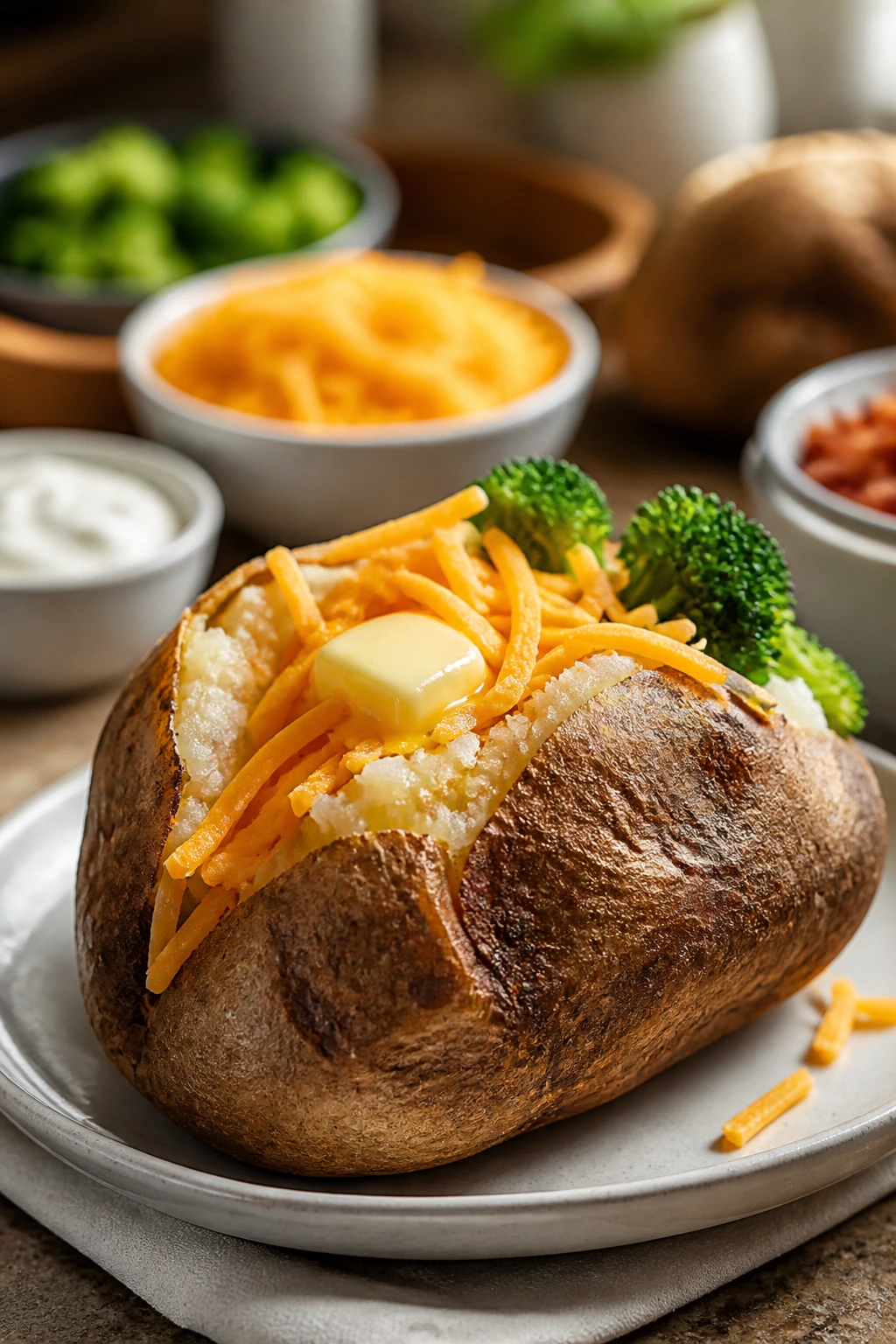 Fluffy baked potato split open with butter and cheddar toppings