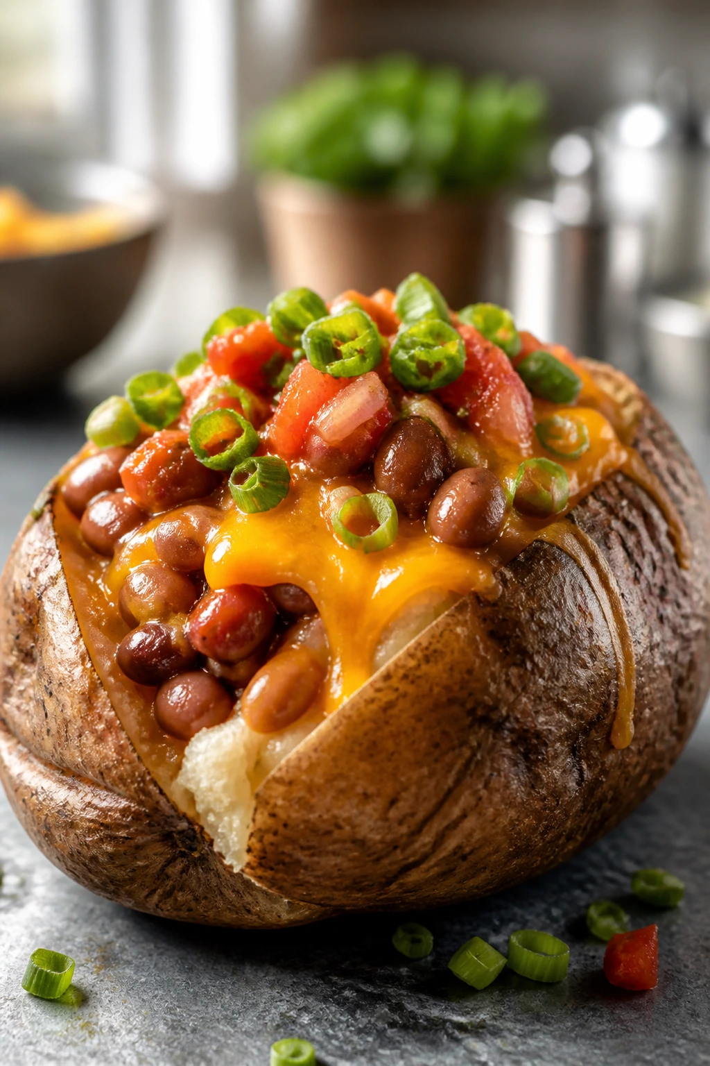 Large baked potato topped with beans and cheese filling the frame