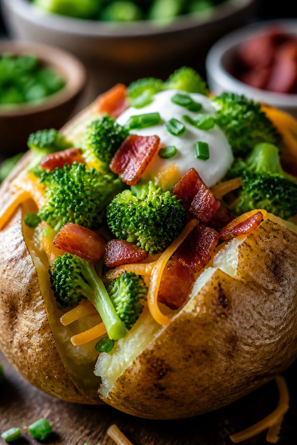 Loaded baked potato with broccoli and bacon topping
