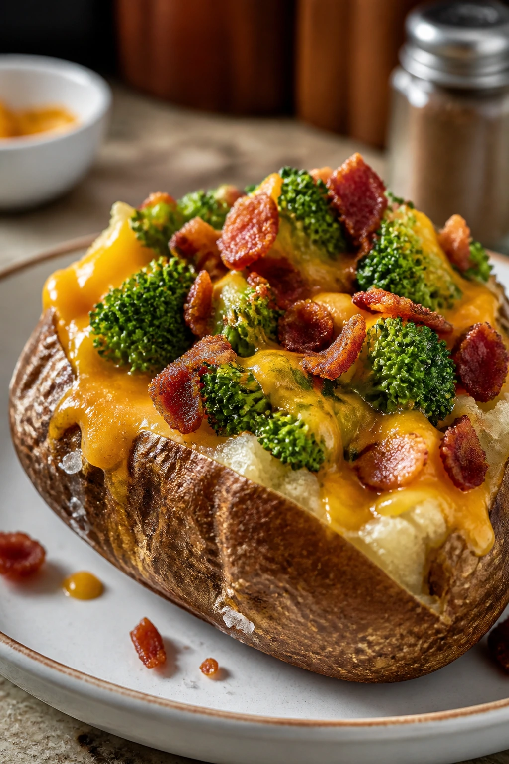 Close-up of loaded baked potato with broccoli cheese and bacon