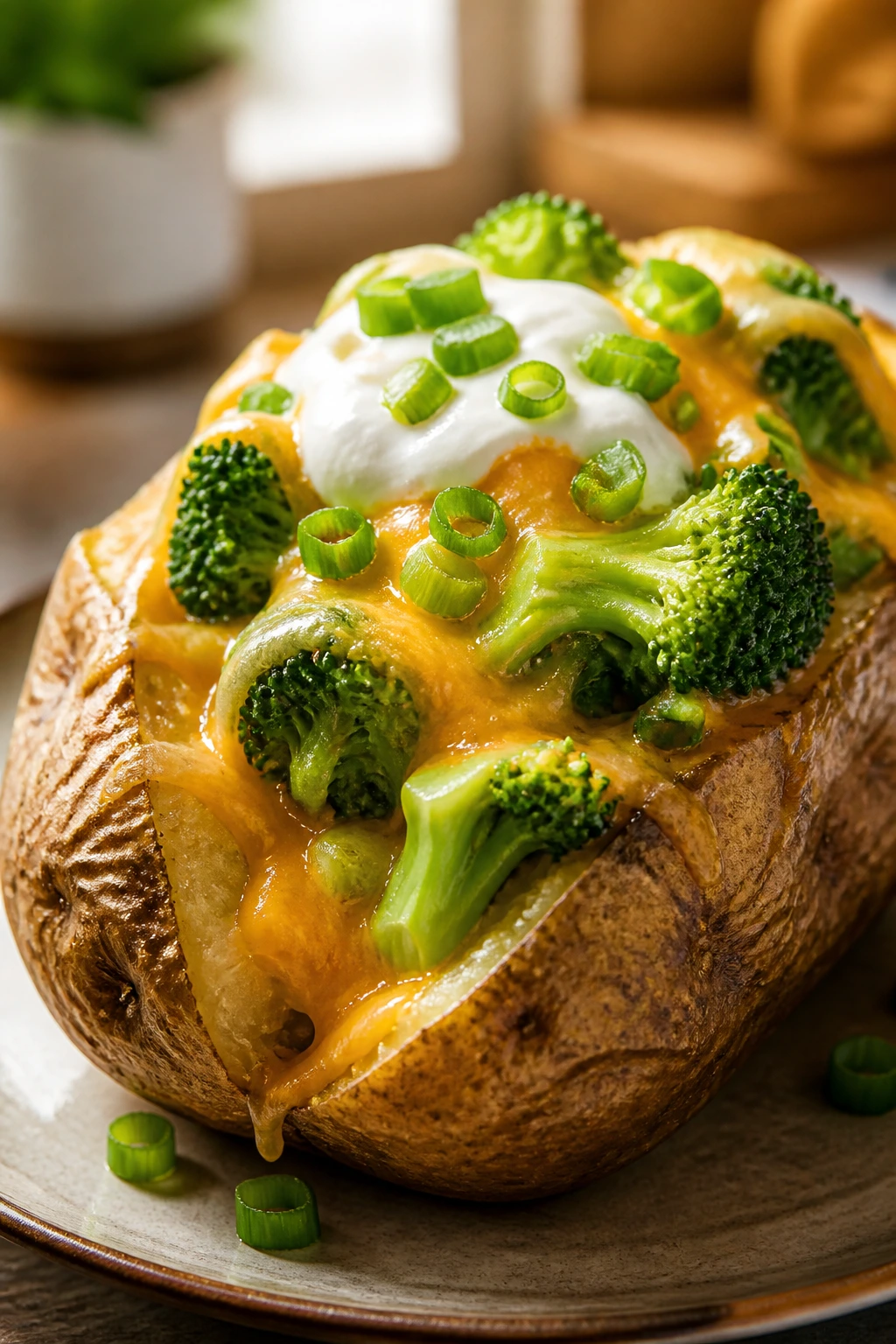 Loaded baked potato with broccoli and cheddar on a warm kitchen counter