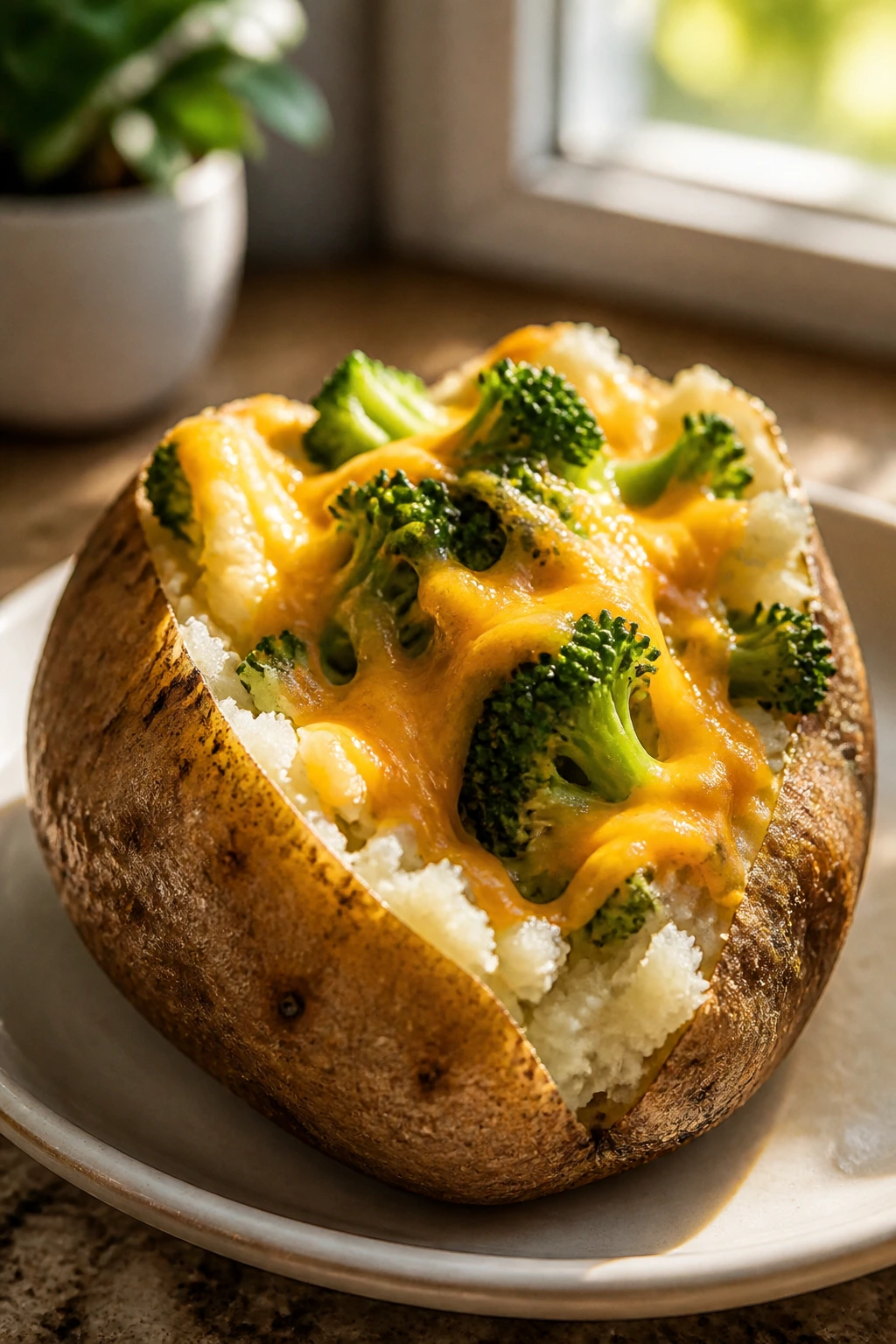 Loaded broccoli cheddar baked potato on plate in a bright kitchen