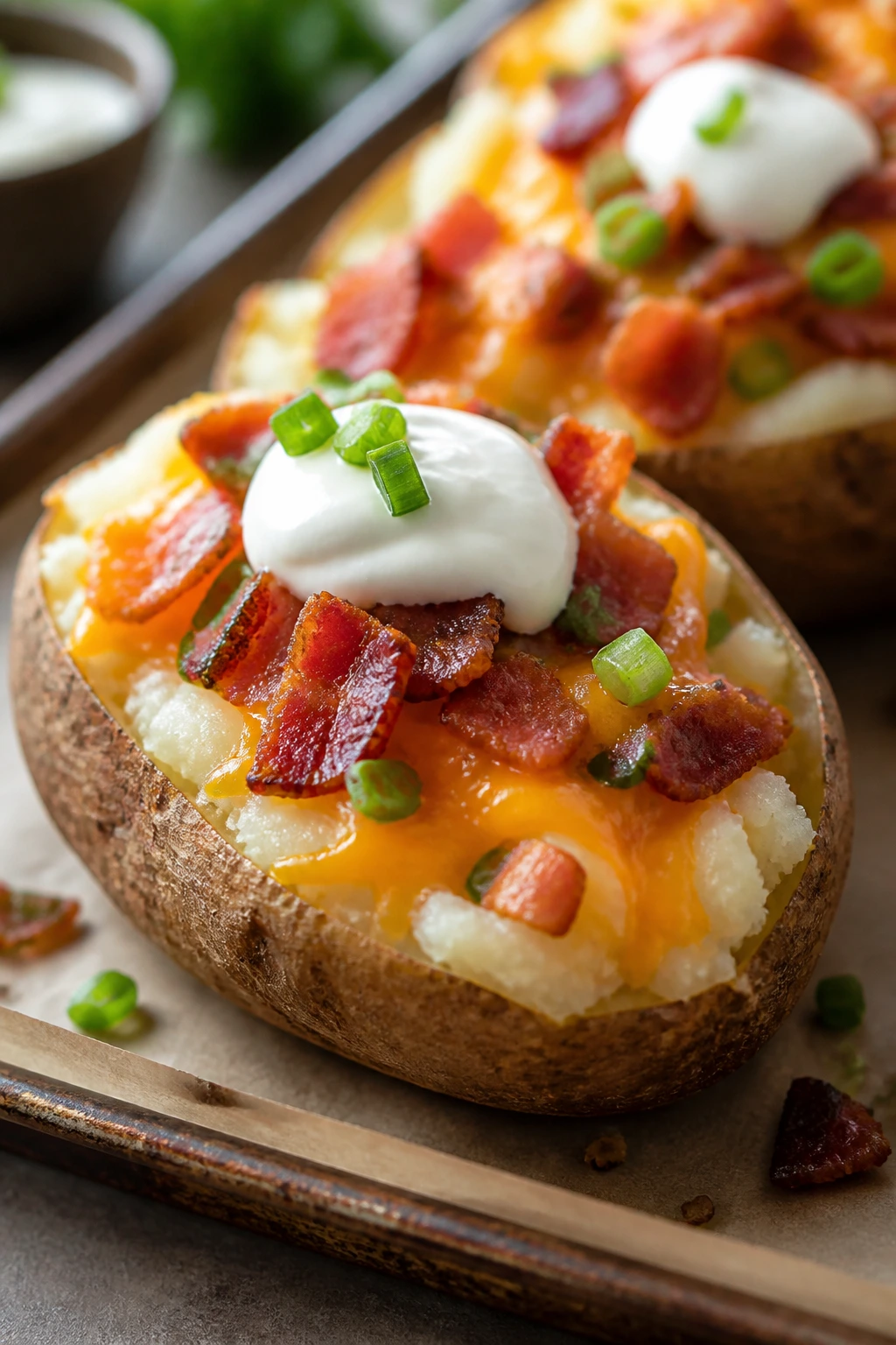 Close-up of loaded baked potato boat with cheddar, bacon, and sour cream