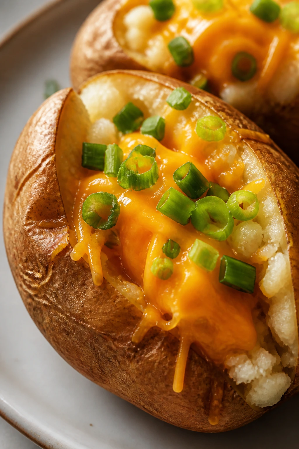 Loaded baked potato with cheddar and scallions
