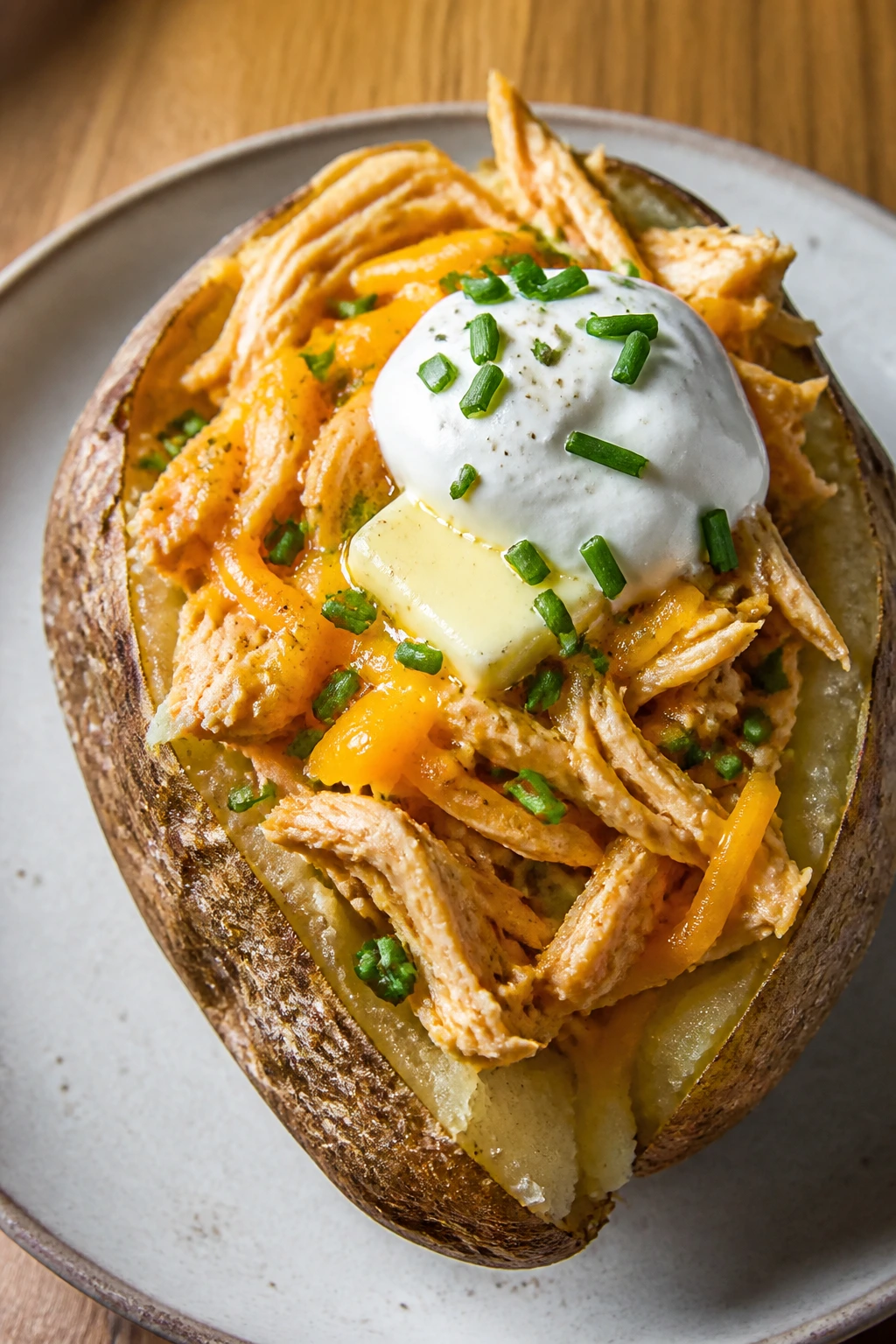 Split baked potato with chicken and cheddar topping