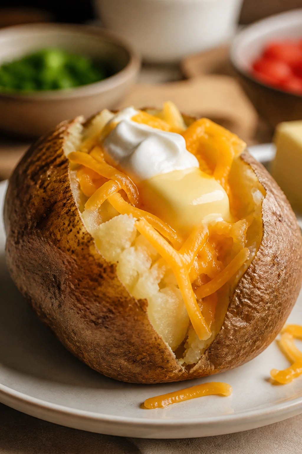 Open baked potato with cheddar, butter, and sour cream on a plate