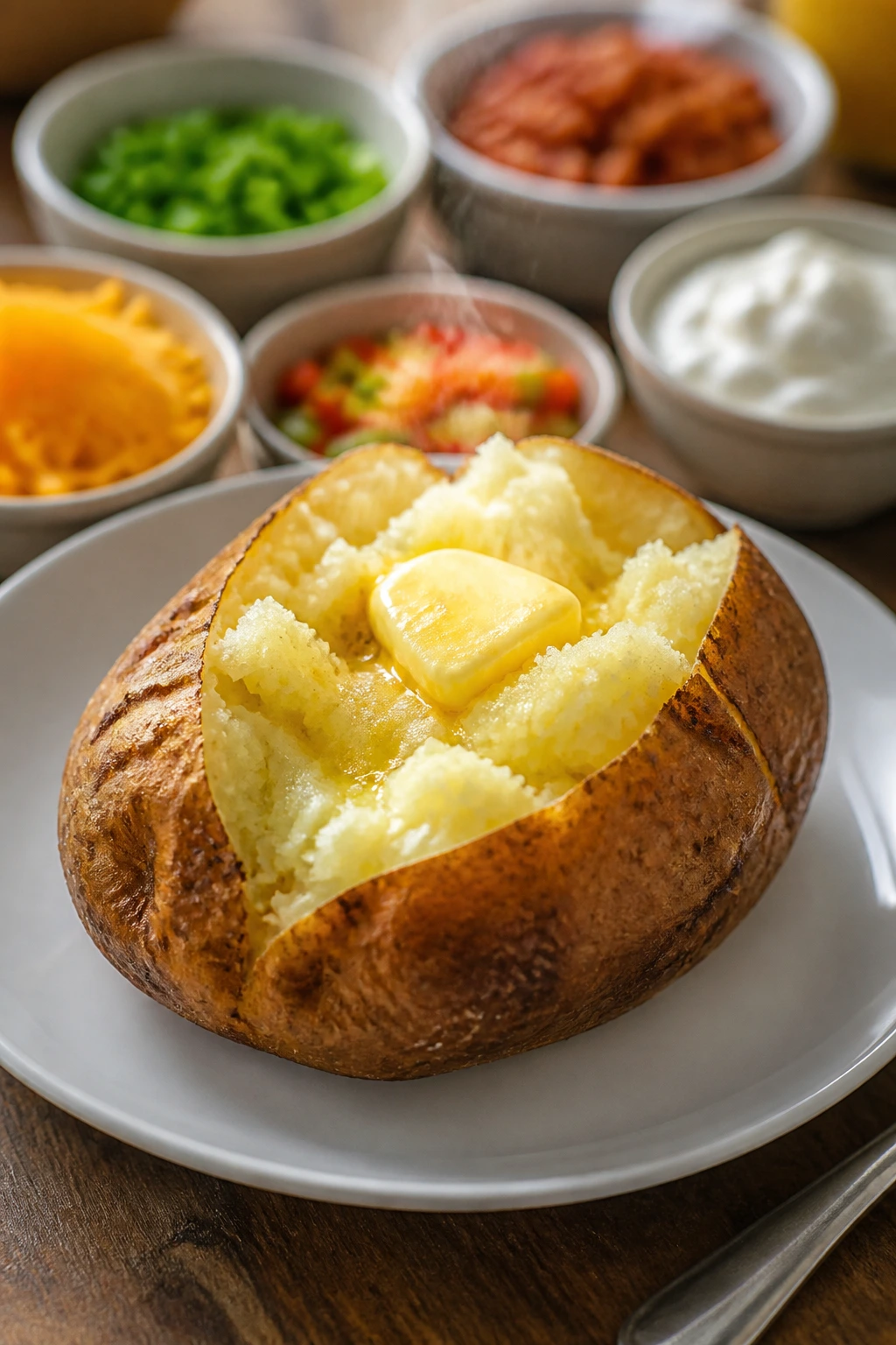 Large baked potato with butter and toppings