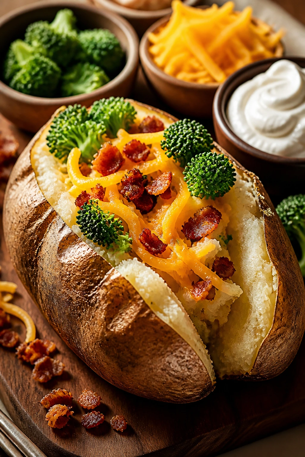 Split baked potato with toppings on a wooden board