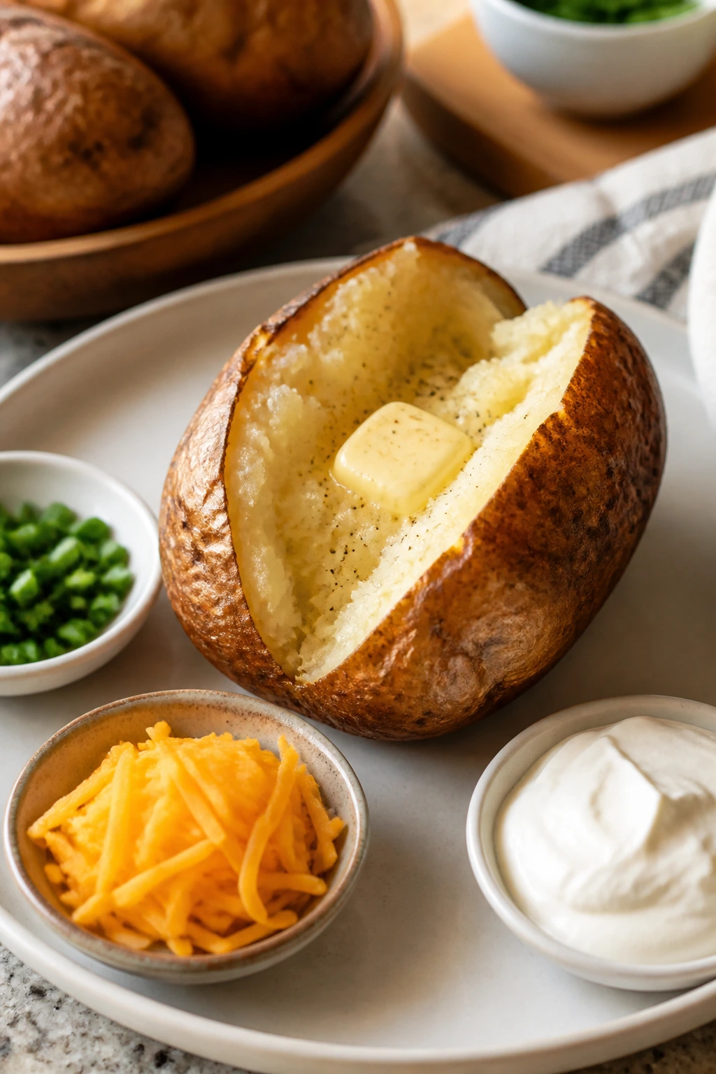 Baked potato with butter and sour cream on a plate