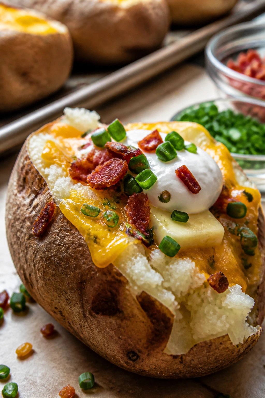 Loaded baked potato with cheese, sour cream, bacon, and chives